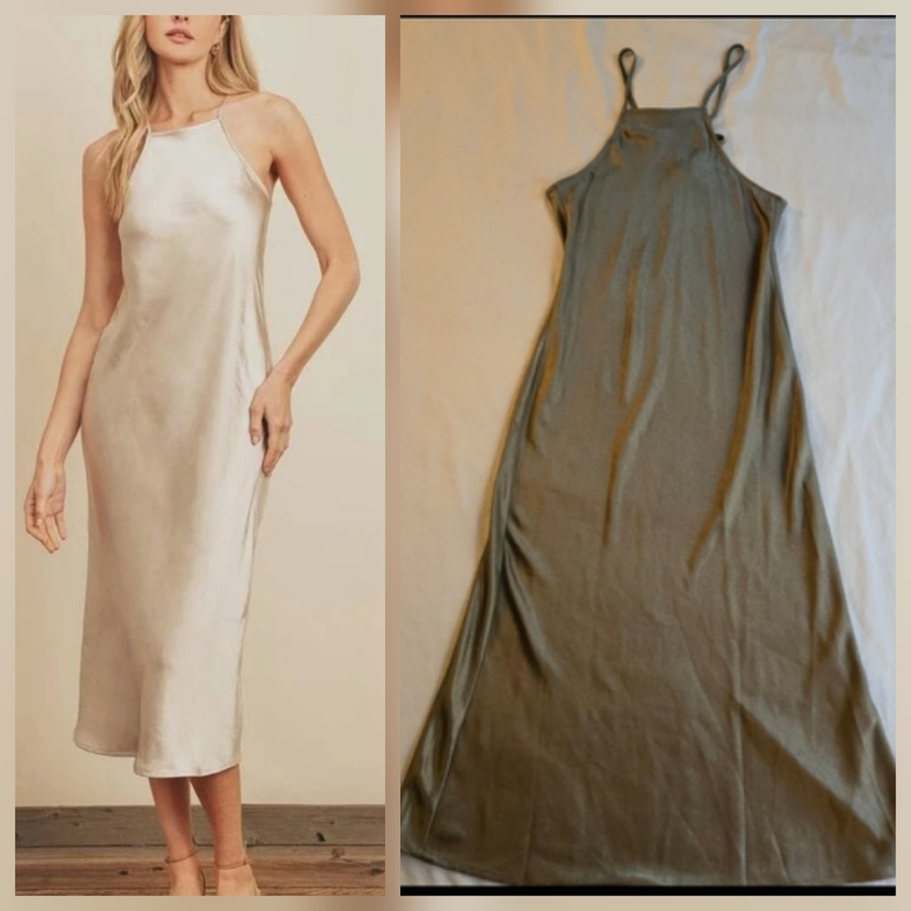 Dress Forum Halter Satin Tie Back Olive Green Midi Slip Dress 90s Y2K